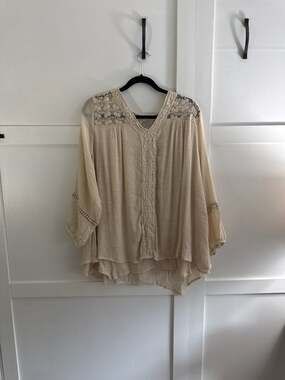 Style & Co Woman 2X Beige Boho Lace Crochet Inset V-Neck Blouse